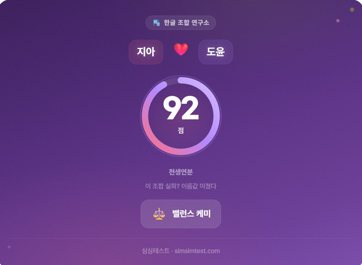 이름 궁합 테스트 결과 예시 — 궁합 점수 92점, 천생연분 등급, 밸런스 케미 유형